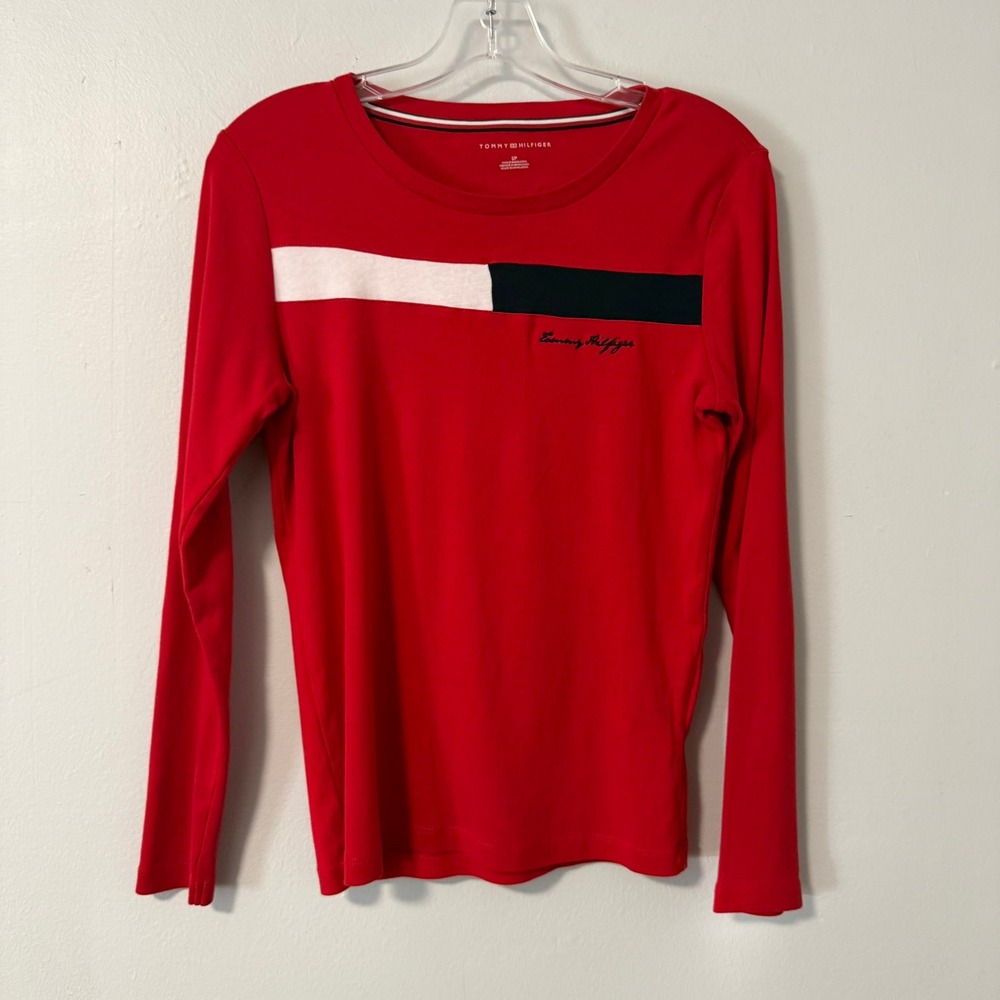 Tommy Hilfiger Womens Red Colorblock Logo Long Sleeve 100% Cotton Tee Shirt S